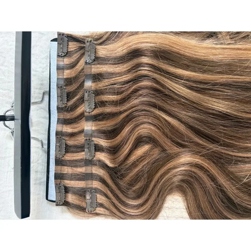 NEW Women's Human Hair 6 Piece Brown & Blonde Highlight Hair Extension Clip Ins